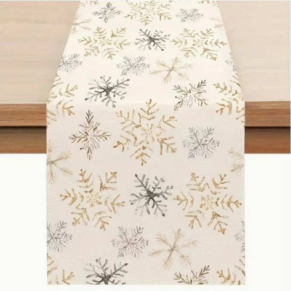 Table Runner 13x72in Woven Polyester Off White Snowflakes